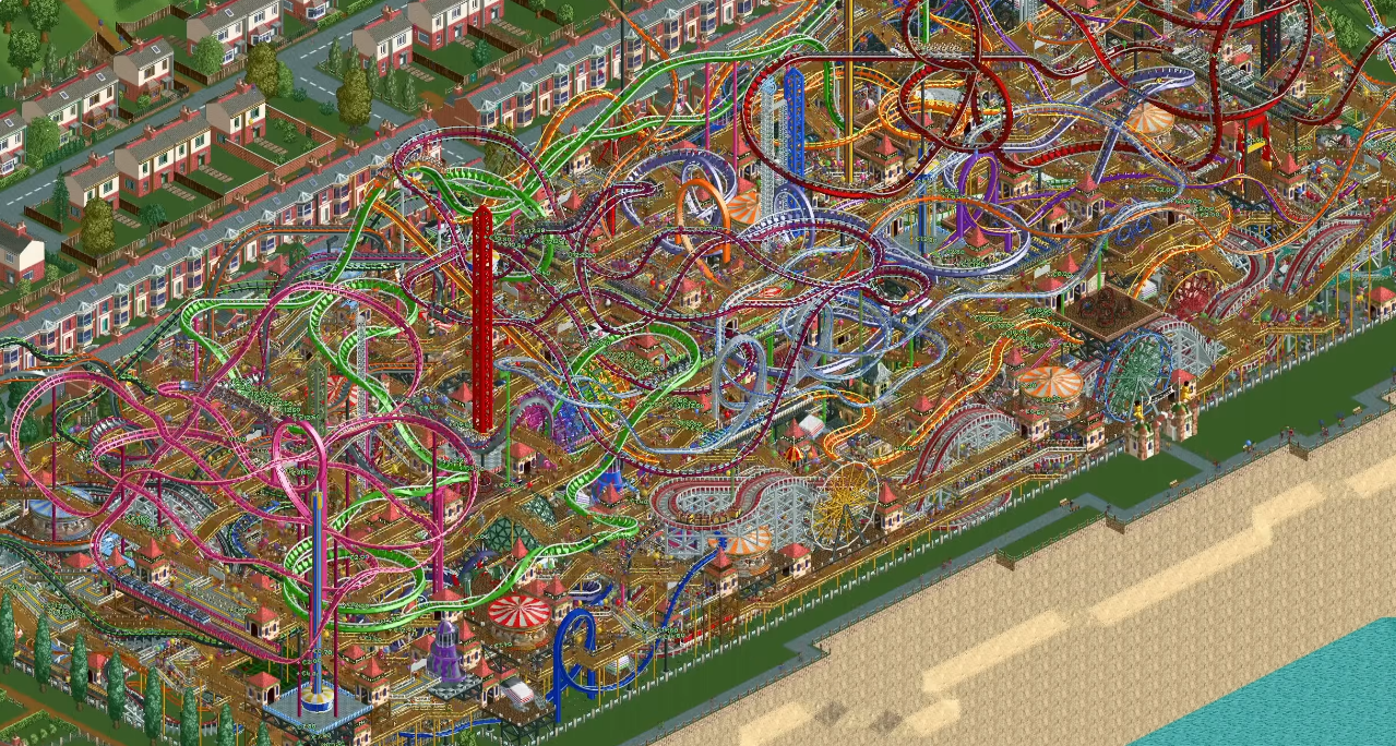 A very complex rollercoaster structure from the Rollercoaster Tycoon game