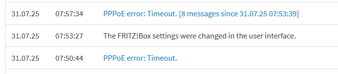The FRITZ!Box logs show a PPPoE timeout