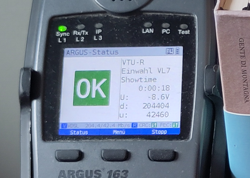 An Argus 163 ADSL testing device shows that the ADSL works fine