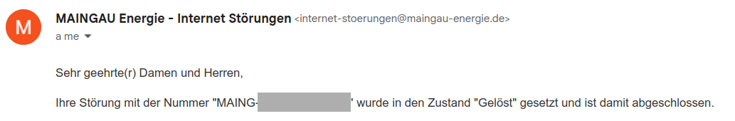 An email from Maingau technical support declares the issue resolved