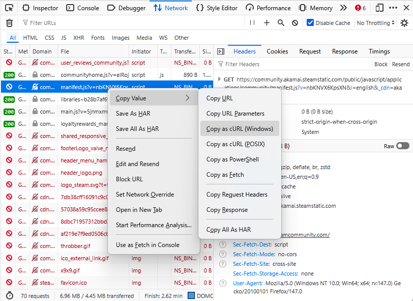 A screenshot of the Firefox Network tab and the menus for copying the curl command that is equivalent to a request